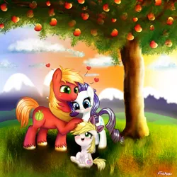 Size: 1500x1500 | Tagged: safe, artist:finalaspex, derpibooru import, big macintosh, rarity, oc, oc:apple sapphire, earth pony, pony, apple tree, commission, family, love, male, offspring, parent:big macintosh, parent:rarity, parents:rarimac, rarimac, shipping, stallion, straight, tree