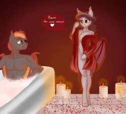 Size: 1024x930 | Tagged: suggestive, artist:blackblood-queen, derpibooru import, oc, oc:savory zest, oc:scarlet quill, unofficial characters only, anthro, bat pony, unguligrade anthro, abs, age difference, anthro oc, bare chest, bath, bathrobe, bathtub, belly button, big breasts, breasts, candle, clothes, couple, dialogue, fangs, female, husband and wife, imminent sex, intimate, loose hair, male, married couple, nudity, oc x oc, robe, rose petals, scarlory, shipping, slit eyes, straight, undressing