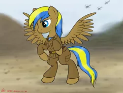Size: 3961x3000 | Tagged: safe, artist:orang111, derpibooru import, oc, oc:rack redstar, unofficial characters only, pegasus, pony, afghanistan, airborne, bipedal, clothes, desert, helicopter, military, military uniform, mountain, requested art, solo, soviet, soviet pony, soviet russia, soviet union, uniform