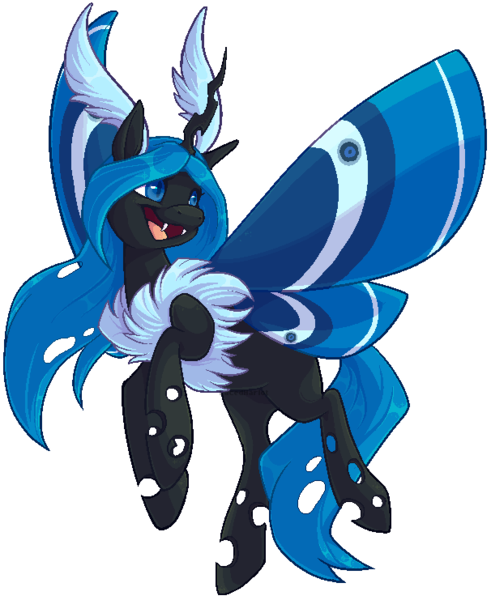 Size: 606x741 | Tagged: artist:lacedharlot, blue changeling, changeling, derpibooru import, female, hybrid, moth, mothling, mothpony, oc, oc:moxithya, original species, safe, simple background, solo, species swap, transparent background, unofficial characters only