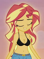 Size: 480x650 | Tagged: suggestive, derpibooru import, edit, edited screencap, editor:ah96, screencap, sunset shimmer, equestria girls, my past is not today, rainbow rocks, belly button, black underwear, bra, breast edit, breasts, busty sunset shimmer, cleavage, clothes, cropped, eyes closed, female, jeans, pants, solo, solo female, underwear, underwear edit