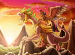 Size: 1024x759 | Tagged: safe, artist:inuhoshi-to-darkpen, derpibooru import, spike, twilight sparkle, twilight sparkle (alicorn), alicorn, dragon, pony, adult spike, armor, guardians of harmony, magic, mountain, older, ponies riding dragons, spikezilla, spread wings, sunset, telekinesis, toy interpretation, twilight (astronomy), unshorn fetlocks