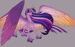 Size: 1800x1123 | Tagged: safe, artist:turnipberry, deleted from derpibooru, derpibooru import, twilight sparkle, twilight sparkle (alicorn), alicorn, pony, angry, cheek fluff, chest fluff, cloven hooves, ear fluff, female, fluffy, glowing eyes, gray background, large wings, leg fluff, mare, open mouth, rainbow power, simple background, solo, spread wings, unshorn fetlocks, wing fluff, wip