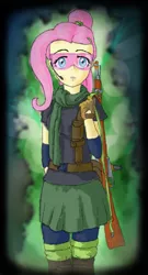 Size: 547x1012 | Tagged: safe, artist:verbose, derpibooru import, fluttershy, equestria girls, a tale too far, airsoft, cute, fanfic art, mosin nagant, shooting for friendship