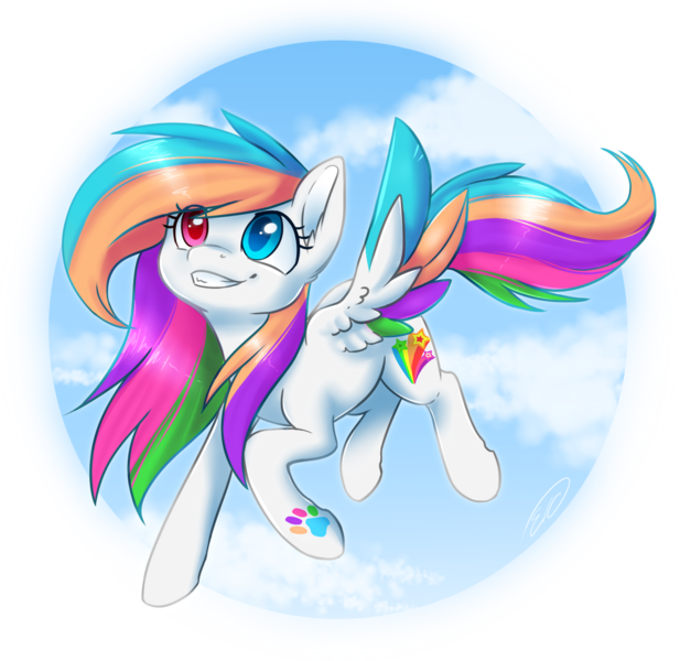 Size: 1177x1145 | Tagged: safe, artist:doekitty, derpibooru import, oc, oc:starblaze, unofficial characters only, pegasus, pony, cloud, flying, heterochromia, sky, solo