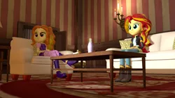 Size: 1920x1080 | Tagged: safe, artist:razethebeast, derpibooru import, adagio dazzle, sunset shimmer, equestria girls, 3d, chair, clothes, couch, crossed legs, cute, food, leather jacket, plate, sandwich, sitting, smiling, table, vase, watching