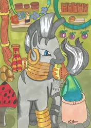 Size: 752x1063 | Tagged: artist:breakneckviolet, derpibooru import, jug, mirror, mouth hold, potion, safe, solo, vase, zebra, zecora