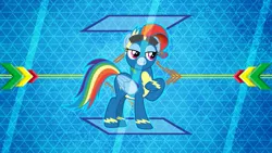 Size: 1191x670 | Tagged: safe, artist:laszlvfx, artist:osipush, derpibooru import, edit, rainbow dash, pegasus, pony, alternate hairstyle, bedroom eyes, clothes, female, goggles, mare, rainbow fash, solo, vector, wallpaper, wallpaper edit, wonderbolts, wonderbolts uniform