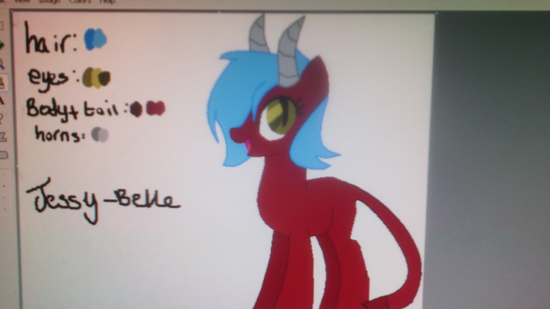 Size: 3072x1728 | Tagged: artist:jessydraws, computer, demon, demon pony, derpibooru import, devil, devil horns, devil tail, hair over one eye, oc, oc:jessy-belle, original species, picture, safe, slit eyes, solo, unofficial characters only