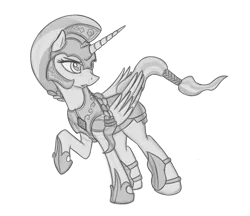 Size: 800x691 | Tagged: safe, artist:marmorexx, derpibooru import, oc, unofficial characters only, alicorn, pony, armor, monochrome, solo