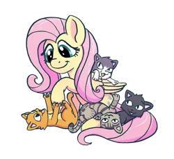 Size: 1280x1173 | Tagged: safe, artist:tranquilmind, derpibooru import, fluttershy, cat, pegasus, pony, cute, kitten, on back, open mouth, shyabetes, simple background, smiling, solo, transparent background