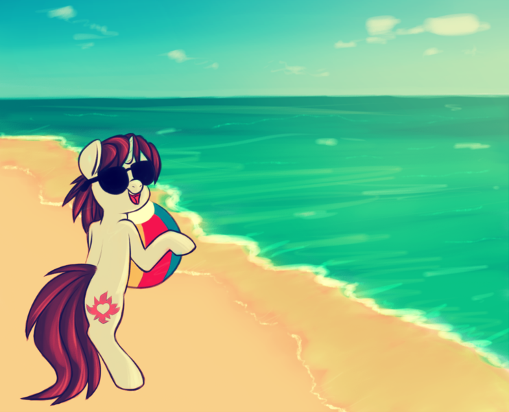 Size: 1006x813 | Tagged: safe, artist:ponycide, derpibooru import, oc, unofficial characters only, pony, beach, beach ball, bipedal, solo, sunglasses