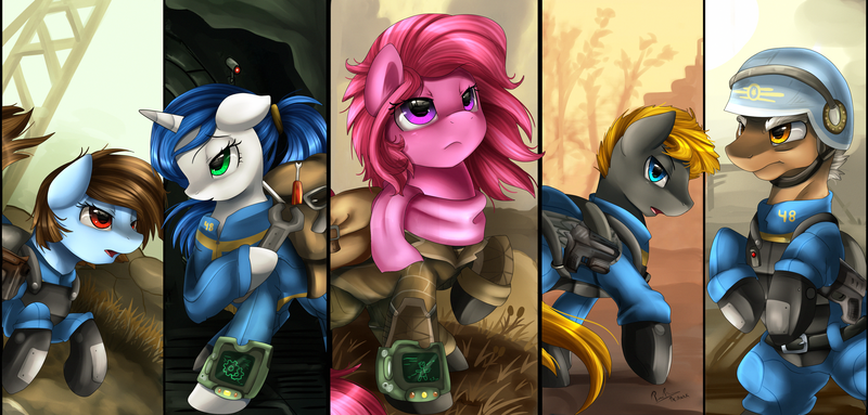 Size: 4259x2038 | Tagged: absurd resolution, artist:pridark, cave, clothes, commission, crew, derpibooru import, fallout equestria, fallout equestria: doctor's orders, group, helmet, oc, oc:chosen heart, oc:sparkplug, oc:timewise, open mouth, raised hoof, safe, signature, split screen, uniform, unofficial characters only, wrench