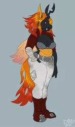 Size: 756x1280 | Tagged: anthro, artist:dbd, belt, boots, breasts, changeling, cleavage, clothes, derpibooru import, female, oc, oc:ebony blaze, open clothes, open shirt, orange changeling, plantigrade anthro, skull, smiling, solo, solo female, suggestive, unofficial characters only