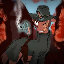 Size: 460x464 | Tagged: safe, artist:verbose, derpibooru import, ponified, pony, clothes, gun, handgun, hat, jonah hex, male, quick draw, revolver, stallion, trenchcoat, weapon