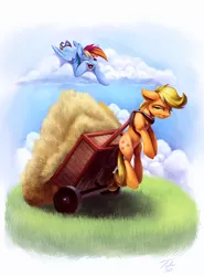 Size: 900x1218 | Tagged: safe, artist:tsitra360, derpibooru import, applejack, rainbow dash, pony, cart, cloud, floppy ears, frown, harness, hay, laughing, open mouth, prone, silly, silly pony, this will end in angry countryisms, unamused, who's a silly pony