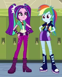 Size: 620x768 | Tagged: safe, artist:knightwolf09, artist:masem, artist:mixiepie, artist:themexicanpunisher, derpibooru import, aria blaze, rainbow dash, equestria girls, bracelet, canterlot high, clothes, duo, ear piercing, evil, hallway, high heel boots, jewelry, lockers, necklace, one of us, pendant, piercing, skirt, spiked wristband