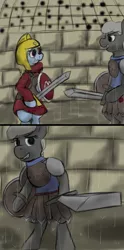 Size: 768x1546 | Tagged: semi-grimdark, artist:thebathwaterhero, derpibooru import, oc, oc:nadine, oc:sunny days, unofficial characters only, earth pony, pony, series:entrapment, adult, arena, armor, audience, betrayal, clothes, female, fight, filly, gladiator, grin, helmet, mare, rain, shield, slave, smiling, sneer, standing, storm, story included, sword, tunic, water, weapon, weather