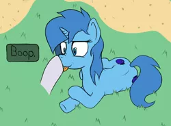 Size: 546x402 | Tagged: safe, artist:wellfugzee, derpibooru import, oc, oc:meno, unofficial characters only, pony town, blue eyes, blue hair, blue mane, boop, grass, solo, speech bubble, tongue out