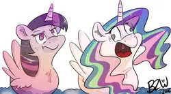 Size: 900x496 | Tagged: safe, artist:bow2yourwaifu, derpibooru import, princess celestia, twilight sparkle, twilight sparkle (alicorn), alicorn, duck, duck pony, pony, aliduck, annoyed, derp, majestic as fuck, swanlestia, swanlight sparkle