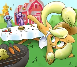 Size: 1626x1418 | Tagged: safe, artist:ikarooz, derpibooru import, applejack, rainbow dash, twilight sparkle, twilight sparkle (alicorn), alicorn, earth pony, pegasus, pony, 4th of july, apron, barbeque, bucking, burger, carrot, clothes, cookout, food, grill, hay burger, herbivore, open mouth, sweet apple acres, table