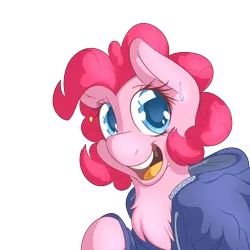 Size: 6000x6000 | Tagged: absurd resolution, artist:fluffyxai, chest fluff, clothes, cute, derpibooru import, diapinkes, ear piercing, earring, fluffy, hoodie, jewelry, looking at you, open mouth, piercing, pinkie pie, raised hoof, safe, simple background, smiling, solo, transparent background