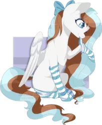 Size: 810x986 | Tagged: safe, artist:novachipmunk, derpibooru import, oc, oc:waffles, unofficial characters only, pegasus, pony, clothes, cute, female, hair bow, long mane, mare, socks, solo, striped socks