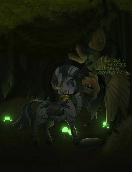 Size: 2000x2600 | Tagged: safe, artist:evehly, derpibooru import, daring do, zecora, pony, zebra, bedroom eyes, blushing, daringcora, everfree forest, eye contact, female, fluffy, forest, herb, herbs, lesbian, mare, mushroom, open mouth, shipping, smiling, spread wings, suspended, tree, upside down