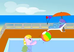 Size: 3317x2340 | Tagged: artist:bladedragoon7575, beach ball, cute, derpibooru import, oc, oc:lola balloon, oc:sleepy zee, safe, swimming pool, umbrella, unofficial characters only, water