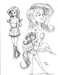 Size: 1100x1414 | Tagged: safe, artist:baron engel, derpibooru import, fluttershy, equestria girls, barefoot, barrette, boots, clothes, cute, eared humanization, feet, monochrome, musical instrument, pencil drawing, ponied up, shorts, shyabetes, sketch, skirt, solo, tailed humanization, tambourine, tanktop, traditional art, winged humanization