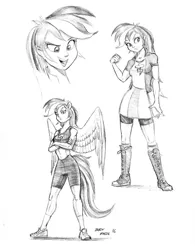 Size: 1100x1411 | Tagged: safe, artist:baron engel, derpibooru import, rainbow dash, equestria girls, bike shorts, boots, clothes, compression shorts, crossed arms, fist, midriff, monochrome, muscles, pencil drawing, ponied up, shirt, shoes, sketch, skirt, sneakers, socks, solo, sports bra, t-shirt, tanktop, traditional art