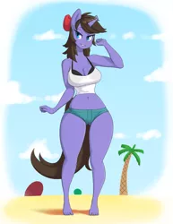 Size: 1360x1760 | Tagged: suggestive, artist:skecchiart, derpibooru import, oc, oc:sketchie, unofficial characters only, anthro, plantigrade anthro, unicorn, anthro oc, armpits, barefoot, beach, bedroom eyes, belly button, big breasts, bra, breasts, cleavage, clothes, commission, feet, female, midriff, sand, sexy, shorts, solo, solo female, underwear, wide hips