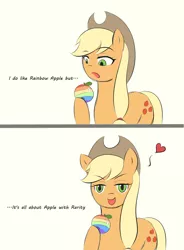 Size: 948x1290 | Tagged: safe, artist:yuwentaiji, derpibooru import, applejack, rarity, apple, food, offscreen rarijack, rarijack, shipping, zap apple