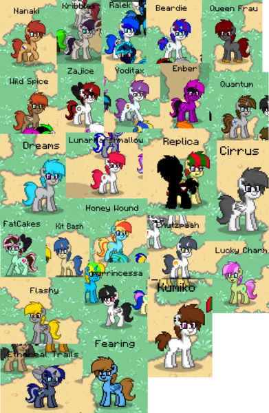 Size: 650x997 | Tagged: safe, derpibooru import, oc, oc:attraction, oc:cirrus tail, oc:ember, oc:ethereal trails, oc:fearingfun, oc:honey wound, oc:kit bash, oc:kumikoshy, oc:lightning flash, oc:lilith, oc:lucky charm, oc:marshmallow, oc:queen frau, oc:sapphire sights, oc:wild spice, oc:yodi, unofficial characters only, alicorn, earth pony, pegasus, pony, unicorn, pony town, hair bow