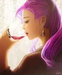 Size: 500x610 | Tagged: alcohol, artist:esther, artist:esther-shen, derpibooru import, drinking, ear piercing, earring, eyeshadow, human, humanized, jewelry, lipstick, makeup, piercing, pink hair, rarity, safe, solo, wine