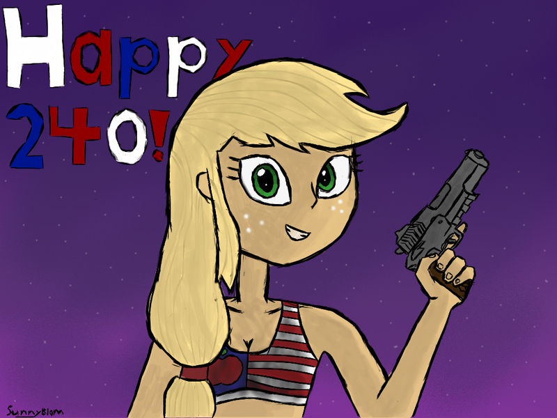 Size: 1024x768 | Tagged: 1911, 4th of july, american flag, american independence day, amerijack, applejack, artist:sunnyblam, clothes, derpibooru import, flag bikini, gun, human, humanized, independence day, murica, safe, sports bra, weapon