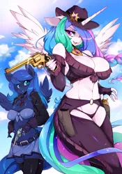 Size: 840x1200 | Tagged: anthro, armpits, artist:slugbox, bandana, belly button, big breasts, bra, breasts, busty princess celestia, busty princess luna, chaps, cleavage, clothes, cowgirl outfit, derpibooru import, duo, female, females only, gloves, gun, hair over one eye, handgun, hat, looking at you, no trigger discipline, photoshop, pistol, princess celestia, princess luna, revolver, skirt, socks, spread wings, suggestive, thigh highs, trigger discipline, underwear, weapon, wild westia