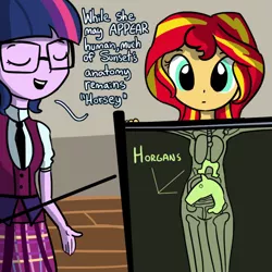 Size: 792x792 | Tagged: safe, artist:tjpones, derpibooru import, sci-twi, sunset shimmer, twilight sparkle, horse, equestria girls, anatomically incorrect, anatomy, clothes, crystal prep academy uniform, cute, duo, eyes closed, female, fluoroscope, glasses, horgans, humans doing horse things, open mouth, organs, pun, school uniform, science, shimmerbetes, smiling, t pose, twiabetes, wat, x-ray, x-ray picture