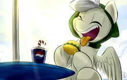 Size: 1700x1080 | Tagged: safe, artist:phuocthiencreation, derpibooru import, oc, unofficial characters only, pegasus, pony, burger, eating, eyes closed, food, hamburger, happy, pepsi, soda, solo, spread wings, straw, table, tongue out, underhoof, wings