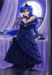Size: 889x1280 | Tagged: artist:king-kakapo, beautiful, bedroom eyes, clothes, curtains, derpibooru import, dress, female, frilly dress, gloves, high heels, human, humanized, jewelry, looking at you, moon, multiple variants, necklace, night, princess luna, safe, sitting, smiling, solo, tiara, window