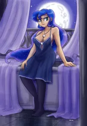 Size: 889x1280 | Tagged: artist:king-kakapo, bedroom eyes, breasts, busty princess luna, cleavage, clothes, curtains, derpibooru import, dress, feet, female, human, humanized, jewelry, looking at you, moon, multiple variants, necklace, night, nightgown, panties, princess luna, see-through, sideboob, sitting, smiling, socks, solo, solo female, suggestive, thigh highs, underwear, window