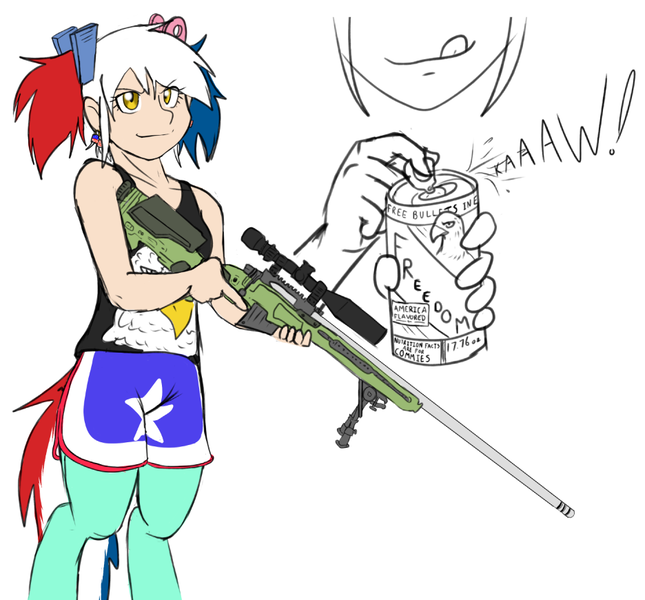 Size: 936x871 | Tagged: artist:dj-black-n-white, bipod, bolt action, clothes, derpibooru import, freedom, gun, murica, oc, oc:hope, parent:lyra heartstrings, rifle, safe, satyr, scope, solo, source needed, unofficial characters only, weapon