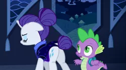 Size: 1100x618 | Tagged: safe, derpibooru import, screencap, rarity, spike, dragon, pony, unicorn, the cutie re-mark, alternate timeline, backpack, duo, eyes on the prize, female, flank, male, mare, night maid rarity, night maid rearity, nightmare takeover timeline, plot, rearity