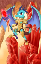 Size: 1024x1583 | Tagged: safe, artist:sycotei-b, derpibooru import, princess ember, dragon, gauntlet of fire, bloodstone scepter, cave, crystal, dragoness, dragon lord ember, looking at you, queen, signature, smiling, solo