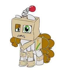 Size: 1210x1500 | Tagged: safe, artist:victoreach, derpibooru import, oc, oc:haywire, unofficial characters only, earth pony, pony, robot, :d, antennae, cardboard box, clothes, commission, costume, cute, female, filly, happy, open mouth, simple background, smiling, solo, tape, white background