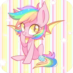 Size: 1700x1700 | Tagged: safe, artist:riouku, derpibooru import, oc, oc:paper stars, unofficial characters only, bat pony, pony, amputee, bandage, cute, cute little fangs, ear fluff, fangs, female, looking at you, one eye closed, paperbetes, sitting, smiling, solo, stars, wink
