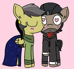 Size: 744x695 | Tagged: safe, artist:thefanficfanpony, derpibooru import, daring do, doctor caballeron, blushing, clothes, daballeron, dress, ear piercing, earring, eyes closed, female, heart eyes, jewelry, kissing, male, ms paint, piercing, shipping, straight, tuxedo, wingding eyes