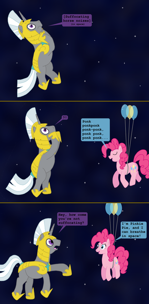 Size: 1000x2032 | Tagged: safe, artist:hakar-kerarmor, derpibooru import, pinkie pie, oc, oc:bastion, earth pony, pony, unicorn, ask four inept guardponies, balloon, comic, descriptive noise, female, floating, horse noises, male, mare, pinkie being pinkie, pinkie logic, pinkie physics, ponk, royal guard, singing, space, stallion, suffocating, then watch her balloons lift her up to the sky