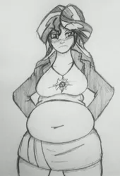 Size: 1440x2114 | Tagged: dead source, safe, artist:evillarry1234, derpibooru import, sunset shimmer, equestria girls, belly, belly button, big belly, blushing, fat, looking at you, midriff, monochrome, sketch, slobset shimmer, solo, traditional art