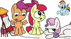 Size: 5333x2973 | Tagged: safe, artist:dgaribalde, derpibooru import, apple bloom, rainbow dash, scootaloo, sweetie belle, mentally advanced series, american independence day, cutie mark crusaders, drama, fireworks, flurry heart drama, implied princess flurry heart, independence day, open mouth, simple background, this will end in jail time, thrackerzod, tongue out, white background